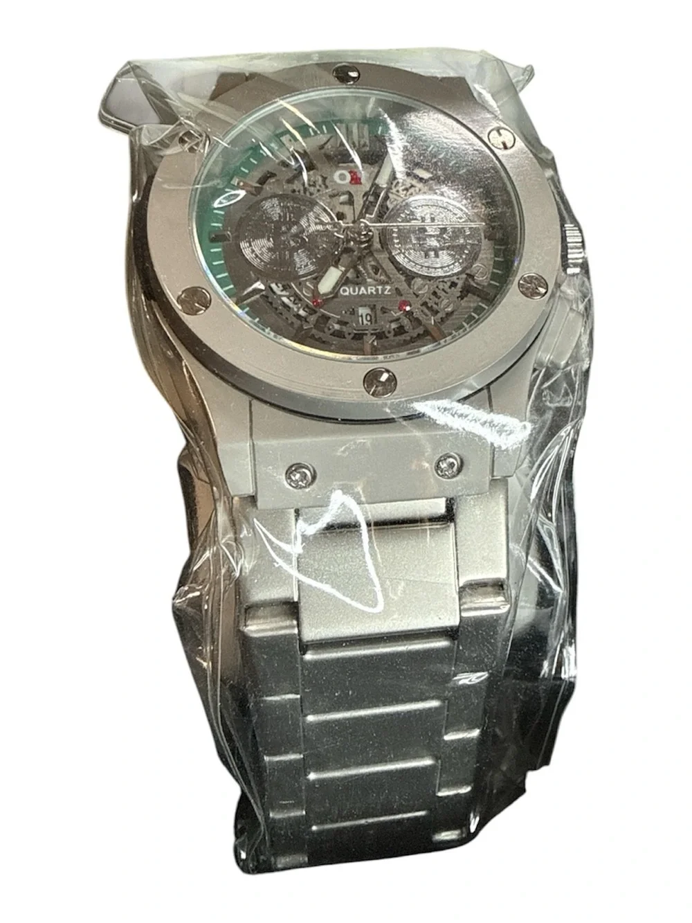 Silver Men’s Quartz Skeleton Dial Watch